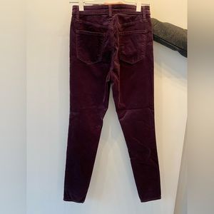 J Brand Maria High Rise Burgandy Velvet Skinny jeans